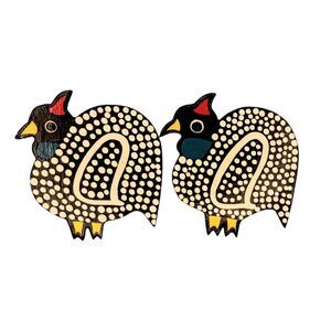 Guinea Fowl Napkin Rings Wooden Black & White Polka Dots Folkart Set of Two 3"